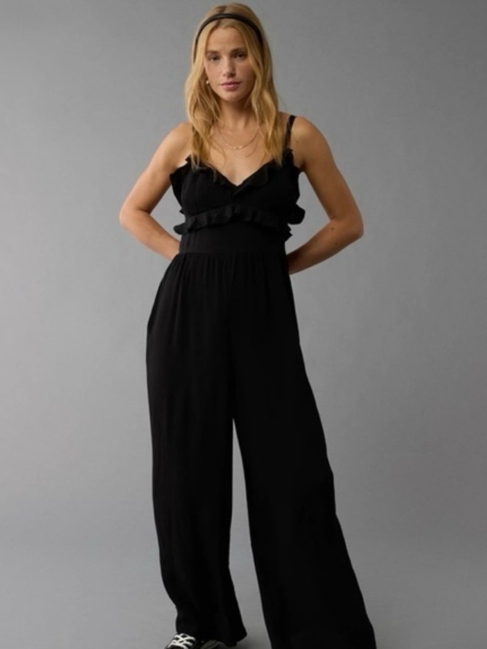 American Eagle Outfitters Black Ruffle V-Neck Wide-Leg Jumpsuit